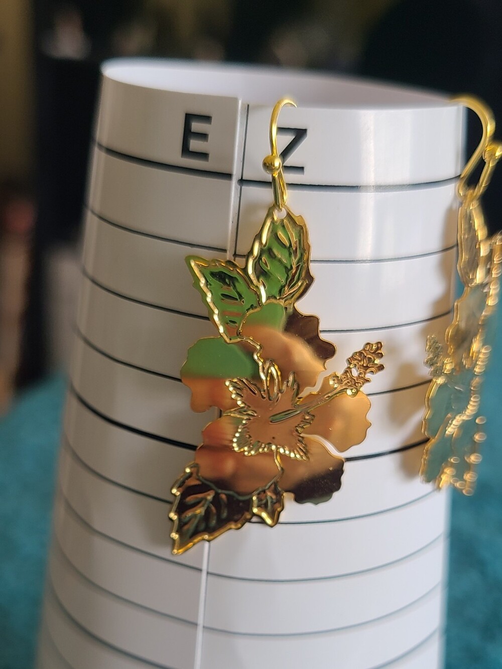 Gold Tone Hibiscus Flower Drop Earrings